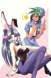 Rule 34 | 1990s (style), 2girls, animal ears, ass, baiko, bare shoulders, black leotard, breast press, breasts, bunny outfit, cleavage, curvy, detached collar, drill hair, earrings, fake animal ears, female focus, green hair, happy, headband, high ponytail, highleg, highleg leotard, highres, jewelry, large breasts, leotard, long hair, looking at viewer, makeup, multiple girls, nurse, one eye closed, pantyhose, playboy bunny, ponytail, rabbit ears, rabbit tail, retro artstyle, saber marionette j, scan, shiny skin, silver hair, simple background, sitting, smile, tail, tamasaburou (saber j), very long hair, wink