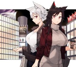 Rule 34 | 2girls, alternate costume, animal ear fluff, animal ears, black hair, breasts, brown jacket, casual, commentary request, contemporary, cup, dress, from side, grey dress, hair between eyes, holding, holding cup, imaizumi kagerou, inubashiri momiji, jacket, large breasts, long hair, long sleeves, multiple girls, parted lips, profile, red eyes, red jacket, shirt, short hair, sidelocks, silver hair, suminagashi, touhou, turtleneck, turtleneck dress, upper body, white shirt, wolf ears