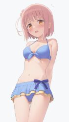 Rule 34 | 1girl, bare shoulders, bikini, blue bikini, breasts, collarbone, dot nose, female focus, ichinose hana, legs, looking at viewer, medium hair, navel, open mouth, pink hair, simple background, slow start, small breasts, solo, sweatdrop, swimsuit, white background, yellow eyes, zeus1858322