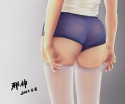 Rule 34 | 1girl, 2020, artist request, ass, blue buruma, buruma, dated, from behind, grey background, gym uniform, highres, lower body, original, pantyhose, pulled by self, shirt, simple background, skindentation, solo, standing, thighhighs, thighhighs pull, thighs, white pantyhose, white shirt, white thighhighs
