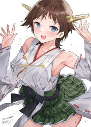 Rule 34 | 1girl, :d, bare shoulders, breasts, brown hair, commentary request, detached sleeves, flipped hair, green skirt, grey eyes, hands up, headgear, hiei (kancolle), hiei kai ni (kancolle), highres, japanese clothes, kantai collection, kimono, large breasts, looking at viewer, mizuta kenji, nontraditional miko, one-hour drawing challenge, open mouth, plaid, plaid skirt, ribbon-trimmed sleeves, ribbon trim, short hair, signature, skirt, sleeveless, sleeveless kimono, smile, solo, sweat, twitter username, white background, white kimono, wide sleeves