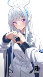 Rule 34 | 1girl, blue archive, blue necktie, blush, closed mouth, cryne, dress, grey hair, halo, highres, jacket, long hair, long sleeves, looking at viewer, mechanical halo, necktie, noa (blue archive), purple eyes, simple background, smile, solo, two-sided dress, two-sided fabric, upper body, white background, white jacket
