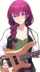 Rule 34 | 1girl, @ @, absurdres, black bow, bocchi the rock!, bow, braid, braided ponytail, collarbone, dress, fang, green dress, hair bow, hand tattoo, highres, hiroi kikuri, holding, holding instrument, instrument, jacket, long sleeves, looking at viewer, open mouth, purple eyes, simple background, smile, solo, sora shitatoge, tattoo, white background