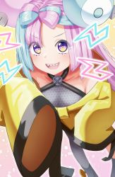 Rule 34 | 1girl, :d, bare shoulders, black footwear, blue hair, bow-shaped hair, collarbone, commentary request, creatures (company), game freak, grey pantyhose, grey shirt, highres, iono (pokemon), jacket, lightning bolt symbol, long hair, long sleeves, looking at viewer, multicolored hair, nenosame, nintendo, off shoulder, open mouth, pantyhose, pink hair, pokemon, pokemon sv, purple eyes, sharp teeth, shirt, shoes, single leg pantyhose, sleeves past fingers, sleeves past wrists, smile, solo, standing, teeth, two-tone hair, yellow jacket