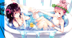 Rule 34 | 2girls, absurdres, bath, bathing, bathtub, black hair, blue eyes, blush, breasts, character request, cleavage, cross regalia, from above, highres, inumi riko (cross regalia), legs, long hair, medium breasts, multiple girls, nata (cross regalia), nude, one eye closed, open mouth, pink eyes, pink hair, ponytail, rubber duck, same-sex bathing, scan, scrunchie, shampoo hat, shared bathing, sitting, small breasts, smile, twintails, water, wet, wink, yuugen