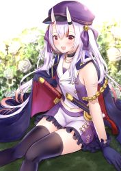 Rule 34 | 1girl, absurdres, azur lane, bell, black choker, blue gloves, blue thighhighs, breasts, cape, choker, collarbone, commentary, crossover, fang, fujimori shiki, gloves, gradient hair, grass, hair bell, hair ornament, hat, highres, hololive, horns, katana, light purple hair, long hair, looking at viewer, midriff, multicolored hair, nakiri ayame, navel, open mouth, outdoors, red eyes, red hair, revision, sheath, sheathed, sitting, skin-covered horns, skin fang, sleeveless, small breasts, smile, solo, sword, thighhighs, two-tone hair, two side up, virtual youtuber, weapon