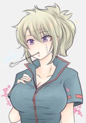 Rule 34 | 1girl, absurdres, blonde hair, breasts, cleavage, collarbone, cosplay, dress shirt, facial scar, gintama, grey background, grey shirt, hair between eyes, highres, large breasts, looking at viewer, mouth hold, open mouth, paleatus, ponytail, purple eyes, sakata gintoki, sakata gintoki (cosplay), scar, scar on cheek, scar on face, shirt, short sleeves, simple background, solo, tsukuyo (gintama), upper body