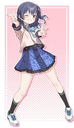 1girl black_hair black_socks blue_hair blue_skirt blush brown_eyes brown_jacket collared_shirt double_finger_gun dress_shirt finger_gun full_body grin halftone halftone_background highres idolmaster idolmaster_cinderella_girls jacket long_sleeves looking_at_viewer morino_rinze multicolored_hair one_eye_closed one_side_up open_clothes open_jacket pink_background shirt shoes skirt smile socks solo standing streaked_hair white_background white_footwear white_shirt yukie_(kusaka_shi)