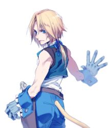 Rule 34 | 1boy, bare shoulders, belt, blonde hair, blue eyes, blue pants, blue ribbon, blue vest, closed mouth, cowboy shot, cropped vest, facing away, final fantasy, final fantasy ix, gloves, grey gloves, hair ribbon, looking at viewer, looking back, low ponytail, male focus, monkey tail, nakagawa waka, pants, parted bangs, ribbon, shirt, short hair with long locks, sleeveless, sleeveless shirt, solo, tail, vest, white background, white shirt, wrist cuffs, zidane tribal