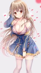 Rule 34 | 1girl, artist name, bare shoulders, blue dress, blush, bow, bra, braid, breasts, brown eyes, brown hair, cleavage, closed mouth, collarbone, commentary request, covering crotch, covering privates, cowboy shot, dress, floating hair, frilled skirt, frills, hair bow, halterneck, hand on own head, highres, large breasts, long hair, long sleeves, looking at viewer, maeda shiori, melonbooks, off shoulder, petals, pink bow, short dress, side braid, sidelocks, simple background, skirt, smile, solo, sousouman, striped bra, striped clothes, thighhighs, underwear, very long hair, white background, white thighhighs, wind