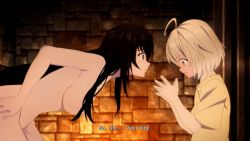 Rule 34 | 1boy, 1girl, ahoge, anime screenshot, black hair, breasts, convenient censoring, embarrassed, english text, nude, screencap, source request, tales of (series), tales of berseria, third-party edit