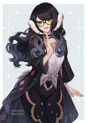 Rule 34 | 1girl, au ra, warrior of light (ff14), black-framed eyewear, black hair, choker, commission, dragon horns, dragon tail, final fantasy, final fantasy xiv, glasses, gluteal fold, green eyes, highres, horns, long hair, looking at viewer, lyra-kotto, open mouth, scales, shirt, simple background, solo, swept bangs, tail, tied shirt