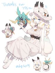 Rule 34 | 1girl, ^ ^, absurdres, animal ear fluff, animal ears, arm support, artist name, bare shoulders, belt, blonde hair, blue eyes, body fur, bow, braid, braided sidelock, bug, closed eyes, commission, creature on hand, creature on head, cropped torso, dress, ears through headwear, fox ears, fox girl, from side, full body, furry, furry female, gloves, hat, hat bow, highres, inu fuji, looking at viewer, mole, mole under eye, multicolored hair, multiple braids, multiple views, open mouth, original, shoes, signature, sitting, skeb commission, smile, streaked hair, sun hat, two-tone hair, white dress, white footwear, white fur, white gloves, white hair, white hat