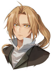 Rule 34 | 1boy, ahoge, artist name, black hair, close-up, closed mouth, collared shirt, commentary, edward elric, fullmetal alchemist, kadeart, looking at viewer, male focus, aged up, parody, ponytail, shirt, sidelocks, simple background, solo, white background, white shirt, yellow eyes