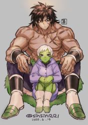 Rule 34 | 1boy, 1girl, artist name, black hair, boots, broly (dragon ball super), cheelai, colored skin, dated, dragon ball, dragon ball super, dragon ball super broly, green skin, grey background, jacket, manly, pelt, purple eyes, scar, topless male, sinsin12121, sitting, sitting on lap, sitting on person, smile, spiked hair, white hair