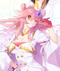 Rule 34 | 1girl, akibotann, animal ear fluff, animal ears, blush, breasts, buttons, cleavage, coat, detached collar, double-breasted, double bun, dress, fate/grand order, fate (series), gloves, hair between eyes, hair bun, halo, hat, highres, koyanskaya (assassin) (third ascension) (fate), koyanskaya (fate), large breasts, long hair, long sleeves, looking at viewer, one eye closed, open clothes, open coat, pink gloves, pink hair, rabbit ears, short dress, sidelocks, smile, solo, tamamo (fate), very long hair, white coat, white dress, white hat, wide sleeves, yellow eyes