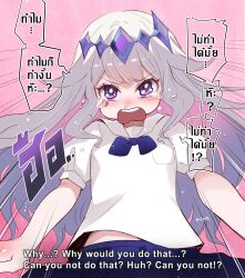 Rule 34 | 1girl, absurdres, angry, commentary, crying, crying with eyes open, emphasis lines, english commentary, grey hair, highres, hololive, hololive english, kivo, koseki bijou, long hair, looking at viewer, open mouth, purple eyes, school uniform, short sleeves, solo, subtitled, tears, thai school uniform, thai text, translation request, virtual youtuber