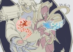 Rule 34 | armor, claws, digimon, digimon (creature), dragon, dynasmon, full armor, horns, looking at another, lordknightmon, mask, wings