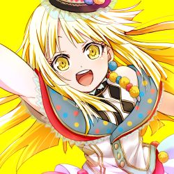 Rule 34 | 1girl, :d, akasata, arm up, bang dream!, blonde hair, dress, earrings, frilled hat, frills, hat, jewelry, long hair, looking at viewer, lowres, open mouth, polka dot, pom pom (clothes), pom pom earrings, round teeth, simple background, smile, solo, teeth, tsurumaki kokoro, upper body, upper teeth only, v-shaped eyebrows, yellow background, yellow eyes