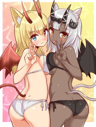 Rule 34 | 2girls, animal ears, ass, bare shoulders, bikini, blonde hair, breast press, breasts, brown eyes, butt crack, cat ears, cat tail, come hither, cougar (cougar1404), dark skin, demon girl, demon wings, from behind, green eyes, heterochromia, horns, large breasts, long hair, looking at viewer, looking back, multiple girls, multiple tails, naughty face, orange eyes, original, short hair, sideboob, smile, swimsuit, tail, tongue, tongue out, white hair, wings