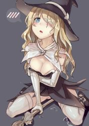 Rule 34 | 1girl, alternate costume, blonde hair, blue eyes, blush, breast lift, breasts, broom, capelet, cleavage, dress, elbow gloves, gloves, grey background, hair over one eye, hat, kneeling, marye spearhead, open mouth, simple background, solo, spoken blush, thighhighs, toaru majutsu no index, toaru majutsu no index: endymion no kiseki, walzrj, wet, white thighhighs, witch hat
