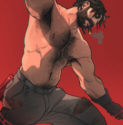 Rule 34 | 1boy, armpit hair, armpits, bara, beard, black gloves, black hair, black pants, cassidy (overwatch), chest hair, chris sdd, cigar, covered erect nipples, facial hair, gloves, highres, leg hair, male focus, muscular, muscular male, navel, navel hair, overwatch, overwatch 2, pants, pectorals, red background, short hair, simple background, smoking, solo, topless male, torn clothes, torn pants