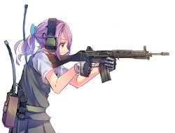 Rule 34 | 10s, 1girl, aiming, assault rifle, bad id, bad twitter id, blue eyes, bow, commentary request, daito, from side, gloves, gun, hair bow, headphones, headset, highres, holding, holding gun, holding weapon, howa type 89, kantai collection, looking away, pink hair, pleated skirt, ponytail, radio, rifle, school uniform, shiranui (kancolle), short sleeves, simple background, skirt, solo, two-handed, vest, weapon, white background