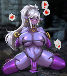 Rule 34 | 1girl, breasts, cleavage, colored skin, covered erect nipples, earrings, elf, hair ornament, hairclip, heart, high heels, jewelry, large breasts, manaworld, niur, patreon username, pelvic curtain, pointy ears, ponytail, purple skin, purple thighhighs, silver hair, sitting, solo, speech bubble, spoken heart, syx, thighhighs, twitter username, wariza, watermark, web address