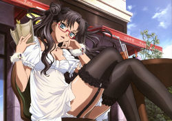 Rule 34 | 1girl, absurdres, black thighhighs, book, breasts, cleavage, crossed legs, day, dress, duplicate, fate/stay night, fate (series), garter belt, garter straps, glasses, highres, lace, lace-trimmed legwear, lace trim, legs, lingerie, long legs, medium breasts, nishida asako, outdoors, sitting, solo, thighhighs, third-party source, tohsaka rin, two side up, underwear