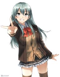 Rule 34 | 10s, 1girl, blush, breasts, brown eyes, cardigan, green hair, grin, hair between breasts, kantai collection, large breasts, long hair, low-tied long hair, remodel (kantai collection), signature, simple background, sketch, skirt, smile, solo, somechime (sometime1209), striped clothes, striped thighhighs, suzuya (kancolle), thighhighs, thighs, twitter username, v, vertical-striped clothes, vertical-striped thighhighs, white background