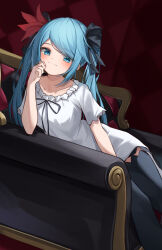 Rule 34 | 1girl, absurdres, black ribbon, black thighhighs, blue eyes, blue hair, blush, breasts, closed mouth, commentary, couch, dress, feather hair ornament, feathers, frilled dress, frills, hair ornament, hair ribbon, hand on own face, hand up, hatsune miku, highres, indoors, light blue hair, long hair, looking at viewer, neck ribbon, on couch, red background, red feathers, ribbon, ryaru ryaru, short dress, short sleeves, sitting, small breasts, solo, supreme (module), thighhighs, twintails, vocaloid, white dress, world is mine (vocaloid)