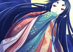 Rule 34 | 1girl, blue hair, facial mark, forehead mark, fuyu no kareha, heian, japanese clothes, karaginu mo, kimono, layered clothes, layered kimono, long hair, red eyes, solo, very long hair