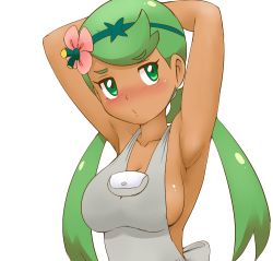 Rule 34 | 1girl, armpits, arms behind head, arms up, blush, breasts, closed mouth, creatures (company), dark-skinned female, dark skin, flower, frown, game freak, green eyes, green hair, grey shirt, hair flower, hair ornament, large breasts, long hair, looking at viewer, low twintails, mallow (pokemon), nintendo, no bra, pokemon, pokemon sm, shirt, simple background, sleeveless, sleeveless shirt, solo, swept bangs, tof, twintails, upper body, white background