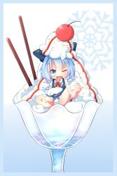 Rule 34 | 1girl, akisha, bad id, bad pixiv id, blue eyes, blue hair, cherry, cirno, fang, food, fruit, hair ribbon, highres, ice cream, matching hair/eyes, panties, pocky, ribbon, snowflakes, solo, sprinkles, striped clothes, striped panties, touhou, underwear, wings
