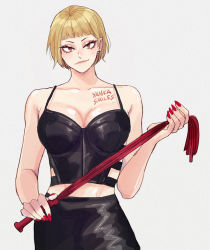 Rule 34 | 1girl, artist name, blonde hair, bondage outfit, breasts, cleavage, collarbone, commentary, commission, dominatrix, earrings, english commentary, eyebrows, eyelashes, eyeliner, eyeshadow, fingernails, grey background, haikyuu!!, holding, holding whip, jewelry, large breasts, leather, long fingernails, looking at viewer, makeup, nail polish, red nails, short hair, smile, solo, spaghetti strap, tanaka saeko (haikyuu!!), whip, yankasmiles