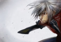 Rule 34 | 1boy, arc system works, blazblue, kikuyosho, male focus, ragna the bloodedge, serious, simple background, solo, white hair