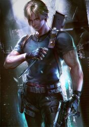 Rule 34 | 1boy, artist name, belt, black gloves, black pants, black shirt, brown belt, brown hair, buckle, closed mouth, fingerless gloves, gloves, gun, highres, holding, holding gun, holding knife, holding weapon, holster, knife, knife sheath, kyle., leon s. kennedy, male focus, muscular, muscular male, pants, resident evil, resident evil 4, resident evil 4 (remake), sheath, shirt, short hair, shoulder holster, snap-fit buckle, solo, torn clothes, weapon, weapon on back