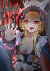 Rule 34 | against glass, animal hood, arm up, bars, blonde hair, blood, breasts, from above, fur trim, highres, hololive, hood, horns, icewind0223, indoors, large breasts, long hair, looking at viewer, open mouth, red eyes, shaded face, silhouette, sitting, solo, striped clothes, striped thighhighs, teeth, thighhighs, tsunomaki watame, virtual youtuber