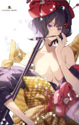 Rule 34 | 1girl, absurdres, bare shoulders, blue eyes, blush, breasts, bsq, calligraphy brush, cleavage, collarbone, fate/grand order, fate (series), giant brush, hair ornament, hairpin, highres, japanese clothes, katsushika hokusai (fate), kimono, large breasts, long sleeves, looking at viewer, off shoulder, open mouth, paintbrush, purple hair, purple kimono, red kimono, sash, short hair, solo, wide sleeves
