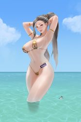 Rule 34 | 1girl, absurdres, adjusting hair, armpits, arms behind head, bikini, blue eyes, blue sky, bracelet, breasts, brown hair, character name, cloud, day, deconstructor azaz, earrings, grin, highres, horizon, jewelry, large breasts, last origin, linea alba, looking at viewer, multicolored hair, name tag, navel, navel piercing, nohlaugh, outdoors, piercing, ponytail, silver hair, sky, smile, swimsuit, two-tone hair, wading, water, wide hips