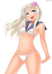 Rule 34 | 10s, 1girl, adapted costume, arms behind back, bad id, bad pixiv id, bikini, blonde hair, blue eyes, cosplay, cowboy shot, flower, hair flower, hair ornament, kankitsunabe (citrus), kantai collection, long hair, open mouth, ro-500 (kancolle), sailor bikini, sailor collar, solo, standing, stretching, swimsuit, tan, twitter username, z3 max schultz (kancolle), z3 max schultz (kancolle) (cosplay)