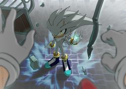 Rule 34 | 2boys, battle, boots, closed mouth, commentary, full body, furry, furry male, gloves, highres, icycream24, looking at viewer, male focus, multiple boys, pov, psychokinesis, serious, silver the hedgehog, sonic (series), sonic the hedgehog, sonic the hedgehog (2006), standing, telekinesis, white gloves, yellow eyes