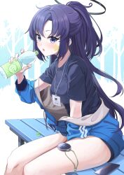 Rule 34 | 1girl, bare legs, black shirt, blue archive, blue jacket, blush, bottle, breasts, facepaint, feet out of frame, half updo, halo, highres, holding, holding bottle, jacket, lanyard, looking at viewer, medium breasts, official alternate costume, ponytail, purple eyes, purple hair, shirousagi una, shirt, sitting, solo, star (symbol), stopwatch, sweat, track jacket, watch, yuuka (blue archive), yuuka (track) (blue archive)