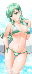 Rule 34 | 10s, 1girl, bikini, blush, breasts, cleavage, gluteal fold, green eyes, green hair, hair ornament, hairclip, henshako, highres, kantai collection, large breasts, long hair, looking at viewer, matching hair/eyes, navel, partially submerged, pool, shiny skin, side-tie bikini bottom, skindentation, smile, solo, striped bikini, striped clothes, suzuya (kancolle), swimsuit, thigh gap, wading, water