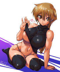 Rule 34 | 1girl, amania orz, breasts, brown eyes, brown hair, clothes lift, heart, highres, large breasts, long hair, navel, simple background, smile, solo, tenjouin asuka, thighhighs, underboob, white background, yu-gi-oh!, yu-gi-oh! gx