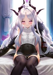 Rule 34 | 1girl, ahoge, armband, belly, black thighhighs, blouse, blue archive, breasts, covered navel, curtains, demon horns, gloves, halo, highres, hina (blue archive), horns, indoors, jacket, jacket on shoulders, unworn jacket, knees together feet apart, long hair, navel, on bed, purple eyes, shirt, side slit, signature, silver hair, sitting, skin tight, small breasts, thighhighs, very long hair, yapo (croquis side), zettai ryouiki