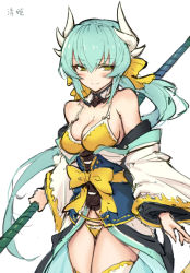 Rule 34 | 1girl, bikini, character name, closed mouth, cowboy shot, detached sleeves, fate/grand order, fate (series), green hair, hair between eyes, haoni, holding, holding weapon, horns, japanese clothes, kiyohime (fate), kiyohime (swimsuit lancer) (first ascension) (fate), long hair, looking at viewer, obi, polearm, ponytail, sash, simple background, smile, solo, swimsuit, weapon, white background, yellow bikini, yellow eyes