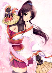 Rule 34 | 1girl, absurdres, bare shoulders, black hair, black thighhighs, breasts, bridal gauntlets, chinese clothes, cleavage, collarbone, du zhi feng, dual wielding, folding fan, green eyes, halterneck, hand fan, head tilt, highres, holding, japanese clothes, looking at viewer, off shoulder, original, parted bangs, ponytail, simple background, soyokaze, thighhighs, white background, zettai ryouiki