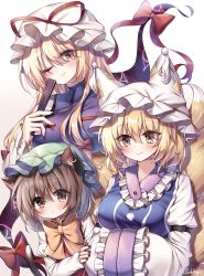 Rule 34 | 3girls, ;), absurdres, animal ears, animal hat, bad id, bad pixiv id, blonde hair, blush, bow, breasts, brown eyes, brown hair, cat ears, chen, collar, commentary request, dress, earrings, fang, folding fan, fox ears, frilled collar, frilled sleeves, frills, gap (touhou), green headwear, hair between eyes, hand fan, hat, hat ribbon, highres, jewelry, looking at viewer, medium breasts, medium hair, mob cap, multiple girls, multiple tails, nail polish, one eye closed, pudding (skymint 028), red bow, red nails, red ribbon, red vest, ribbon, shirt, simple background, single earring, smile, tabard, tail, touhou, vest, white background, white dress, white headwear, white shirt, yakumo ran, yakumo yukari, yellow bow, yellow eyes, yellow neckwear