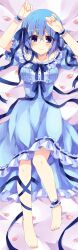 Rule 34 | 1girl, absurdres, alternate costume, barefoot, bed sheet, blue dress, blue ribbon, bluestar iz, breasts, claire elford, collarbone, dakimakura (medium), dress, feathers, frilled dress, frilled wrist cuffs, frills, full body, hair between eyes, hair ribbon, hands up, highres, large breasts, leg ribbon, light blush, looking at viewer, official art, pink feathers, ribbon, short hair, smile, solo, thigh ribbon, witch&#039;s heart, wrist cuffs